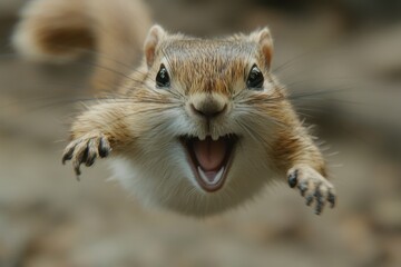 Close-up view of a small rodent in mid-air.