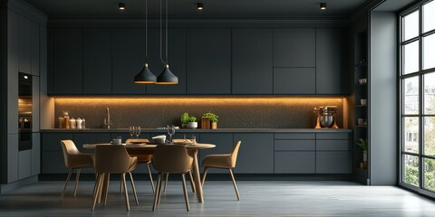 Modern black kitchen with elegant minimalist design and warm lighting creates a cozy dining atmosphere