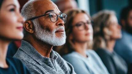 Diverse group of senior people attending a class or conference and listening to a presentation