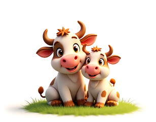 Cute Cow and Calf Illustration Playful Cartoon Animals in a Pastoral Setting