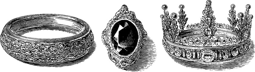 Ornamental ring and crown engravings for vintage design and decoration