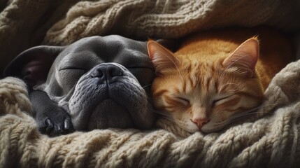 A charming image of an orange cat nestled beside a soft-faced gray dog, both peacefully snoozing on a warm blanket, epitomizing the beauty of pet companionship and relaxation.