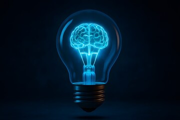 Creative illustration of a glowing brain inside a lightbulb, symbolizing innovative thinking, artificial intelligence, idea generation, technology solutions, and creativity.