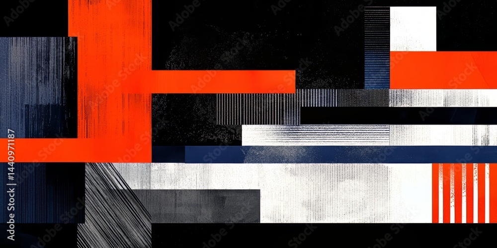 Poster black and white abstract painting with red and white stripes. the painting is made up of many differ