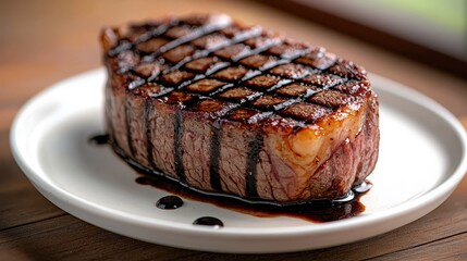 Balsamic glaze drizzle enhancing premium steakhouse-quality filet mignon with caramelized crust and visible medium-rare interior on elegant white ceramic plate