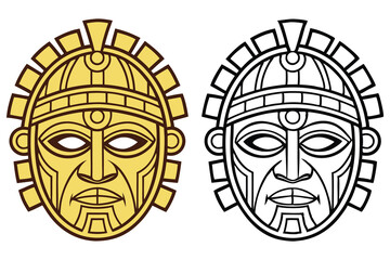 Ethnic Tribal Mask Icon with Radial Ornament, Golden and Black Outline Version