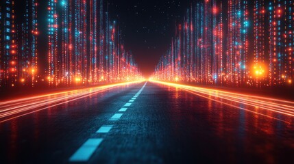 Cyberpunk Highway: Digital Cityscape at Night
