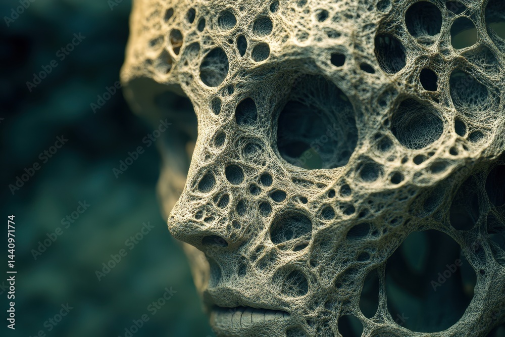 Poster intricate closeup of a computer-generated skull with detailed mesh texture, closeup of an artificial