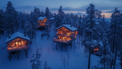 Fototapeta premium Cozy winter cabins nestled in snowy forest at twilight