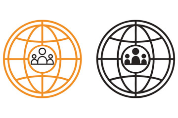 Two Globe Icons with People Silhouettes, Orange and Black Line Art on White