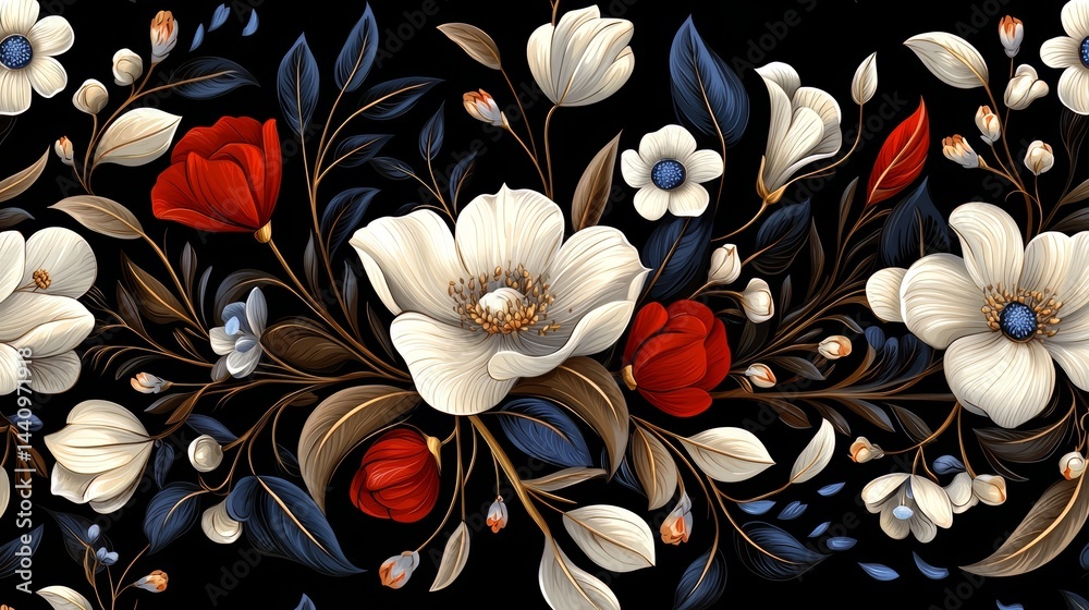 Poster black and white floral design with red and white flowers. the flowers are arranged in a way that cre