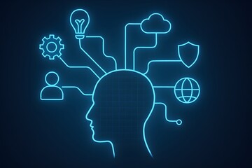 Creative digital illustration of human mind interconnected with symbols of innovation, cloud computing, security, and global connectivity, symbolizing futuristic technology.
