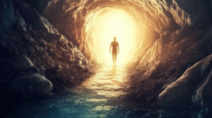 A figure walks out of a cave or tomb, illuminated by light, suggesting themes of resurrection or enlightenment.