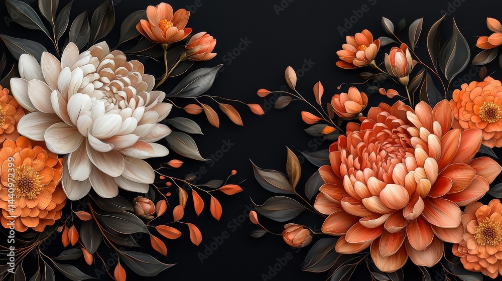 Poster black and white floral design with orange and white flowers. the flowers are arranged in a way that 