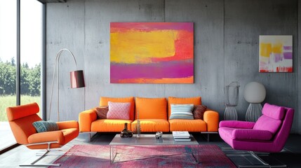 Modern living room with orange sofa, abstract art, and large window