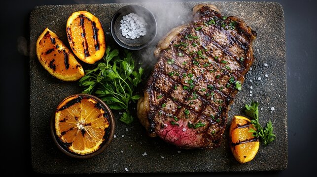 Sizzling steak platter featuring perfectly grilled medium-rare beef on volcanic stone with charred orange slices and gourmet salt garnish