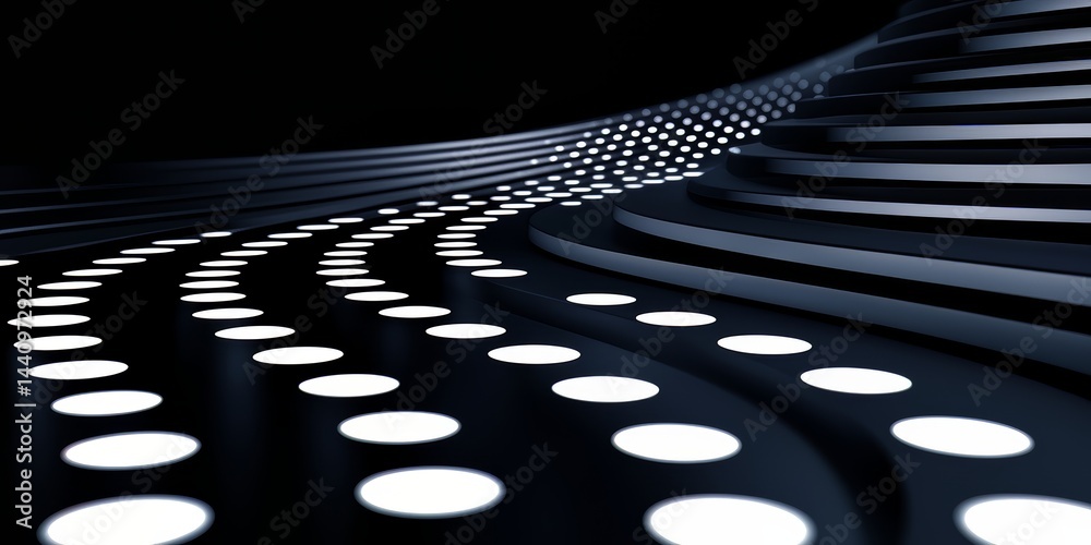Poster black and white image of a staircase with white dots. the image has a modern and minimalist feel to 