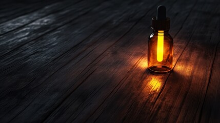 A warm sidelit scene of vitamin D dropper bottle on a dark wood table with subtle rim highlights