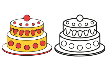 Two Tiered Cartoon Cake, Yellow Icing, Red Dots, Coloring Page