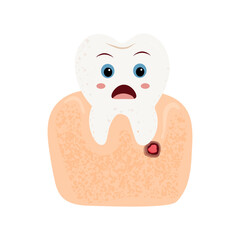 Tooth with inflamed root. Dental character showing pain, red swollen root area and unhappy face. Flat medical style isolated on white background. for dental care, root canal problems