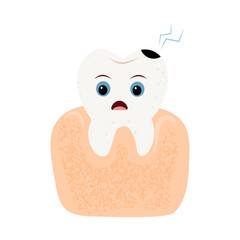 Sad cartoon tooth with cavity. Vector illustration of character with caries, pain expression and damaged enamel. Flat style, on white background.for dental care, oral hygiene education