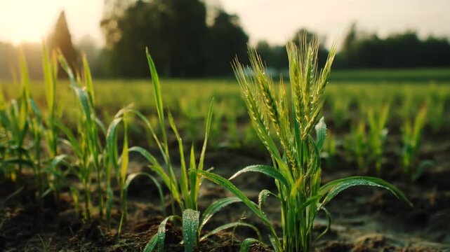 Green sprouts of high yield wheat on field at summer evening Slow motion Wheat cultivation agribusiness Seedlings of young growing shoots Work in agronomic farm for making business and production