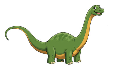 A Cheerful Green Diplodocus Dinosaur Stands With A Friendly Smile In A Vector Illustration Style