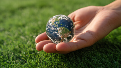 Human Hand Gently Cradling Detailed Globe over Grassy Background