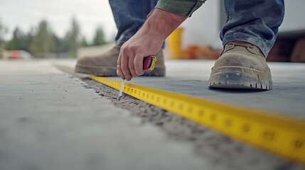 Construction Worker Measuring Concrete with Tape Measure