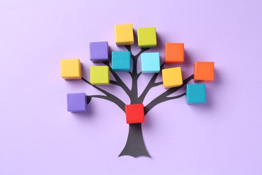 Family tree made with colorful cubes on lilac background, top view