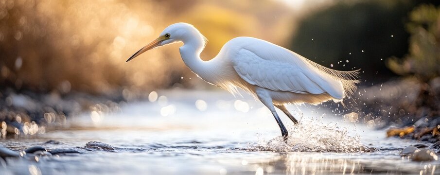 Graceful egret wading in shallow water.