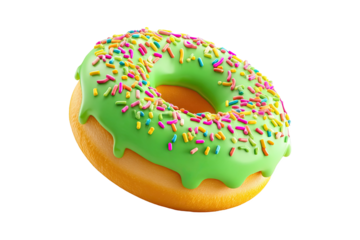 Delicious green glazed donut with colorful sprinkles sweet treat 3d art on transparent background