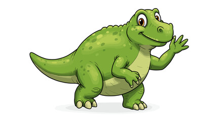 Fototapeta premium A Friendly Green Iguanodon Dinosaur Waves Cheerfully In A Cartoon Vector Art Style Illustration