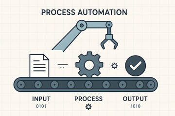 Modern flat-style infographic illustrating business process automation workflow with robotic arm, conveyor belt, and efficiency symbols, representing productivity and innovation.
