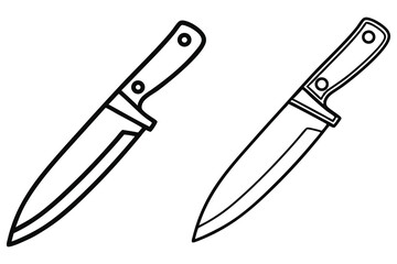 Two sharp chef knives with black outline and handles on transparent background