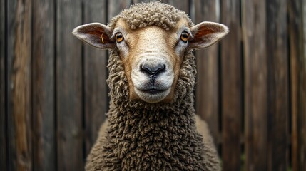 Obraz premium Sheep stares intensely against a wooden fence in a rural farm background