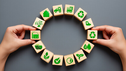 Circular Economy Concept with Wooden Cubes and Symbols