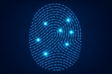 Abstract technological fingerprint created from connected electronic nodes and lines, representing modern biometrics, digital authentication, cybersecurity, and technology security.