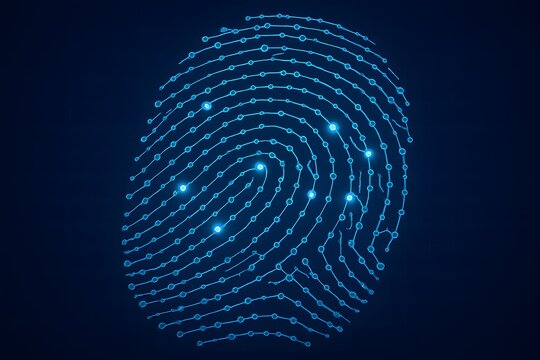 Innovative visual concept depicting digital fingerprint with illuminated circuitry, symbolizing biometric verification, secure identification, digital privacy, and advanced tech.