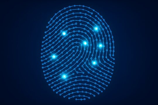 Abstract technological fingerprint created from connected electronic nodes and lines, representing modern biometrics, digital authentication, cybersecurity, and technology security.