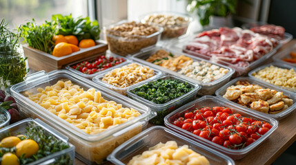 Fototapeta premium Batch cooking and meal prep scene featuring a variety of side dishes such as cereals, pasta, vegetables, meats, pancakes, and fruits stored in food containers