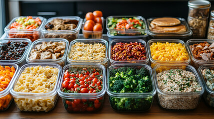 Batch cooking and meal prep scene featuring a variety of side dishes such as cereals, pasta, vegetables, meats, pancakes, and fruits stored in food containers