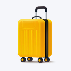 Yellow suitcase with wheels isolated on white. Travel luggage illustration in 3d style. Ideal for travel-related designs, blogs, promotional materials. Vector eps 10