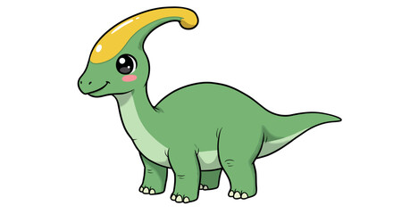 Vector Illustration Of A Cute Cartoon Parasaurolophus Dinosaur With Green Skin And Yellow Crest