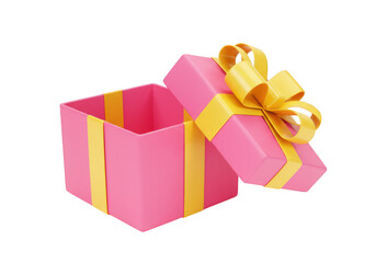 Obraz premium Open pink gift box with yellow ribbon isolated on transparent background