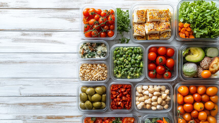 Flat lay image of assorted food items stored in containers on a white wooden surface, symbolizing a nutritious meal setup