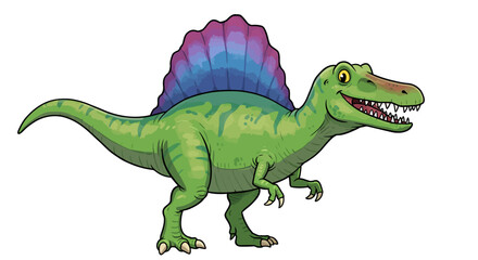 Friendly Green Spinosaurus Dinosaur Smiles With Its Colorful Purple Fin In A Vector Illustration