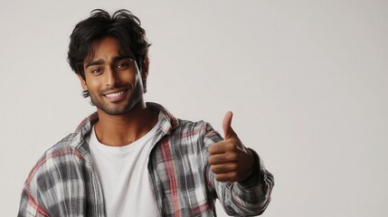 young indian man giving thumbs up on white background
