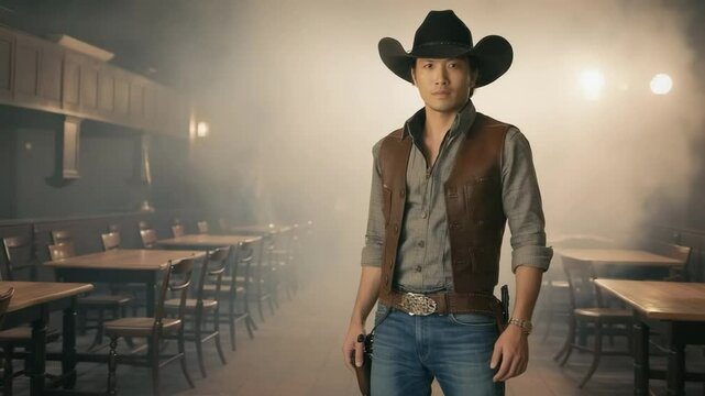 Man in cowboy attire wearing cowboy hat in a saloon setting