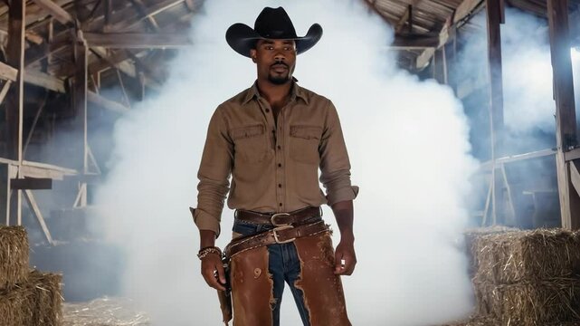 Black cowboy wearing chaps and cowboy hat in a barn with smoke